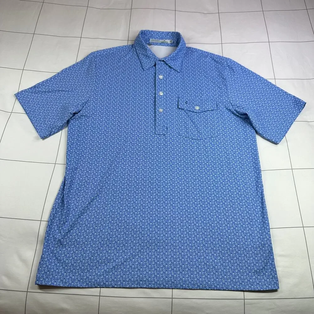 Criquet Shirt Men Medium Blue Performance Polo Geometric Print Short Sleeve Golf